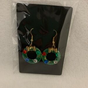 Festive Green and Gold Wreath Earrings